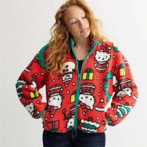 Hello Kitty Holiday Print Long Sleeve Zip Neck Fleece Pullover Viral M